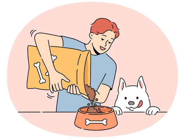 Smiling man give food from package to dog  Illustration