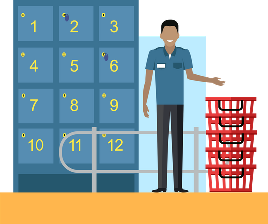 Smiling man guard in uniform standing near lockers and baskets on entrance in mall  Illustration