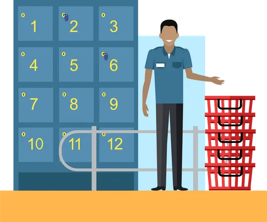 Smiling man guard in uniform standing near lockers and baskets on entrance in mall  Illustration