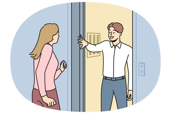미소 짓는 남자가 이웃집 엘리베이터 문을 잡아주고 있다  일러스트레이션