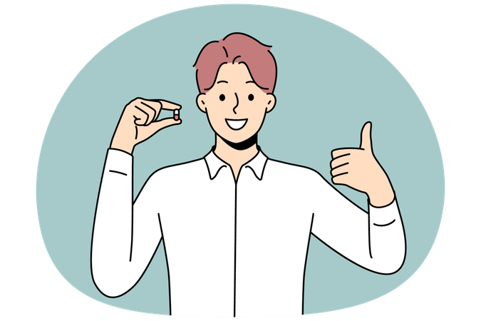 Smiling man hold pill show thumb up  Illustration