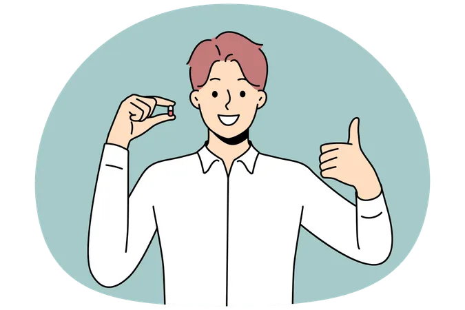 Smiling man hold pill show thumb up  Illustration