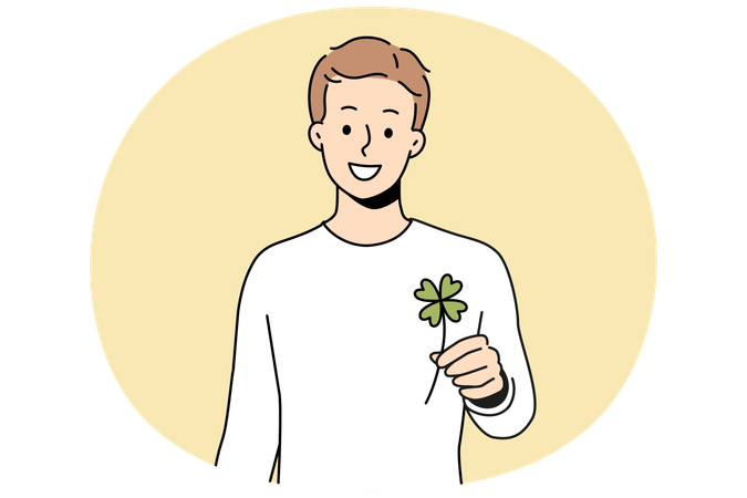 Smiling man holding clover with four leaves  Illustration