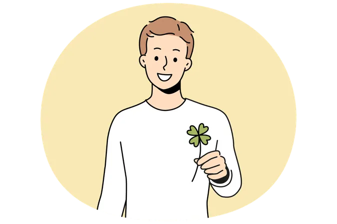 Smiling man holding clover with four leaves  Illustration
