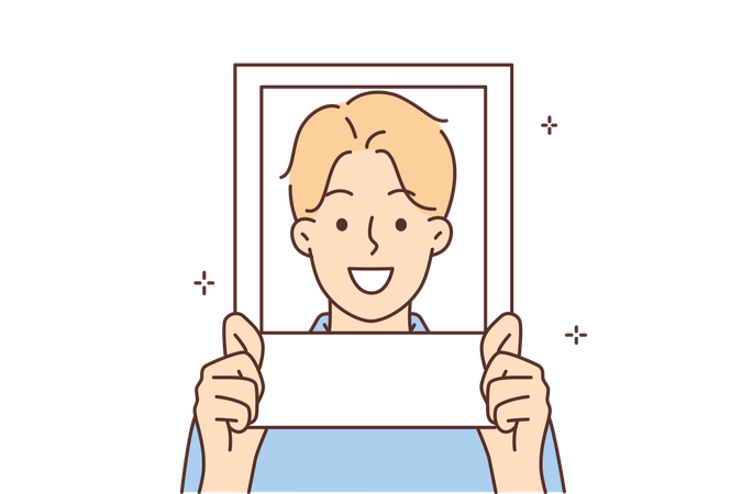 Smiling man holds photo frame near face  Illustration
