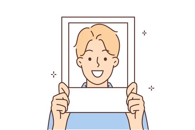 Smiling man holds photo frame near face  Illustration
