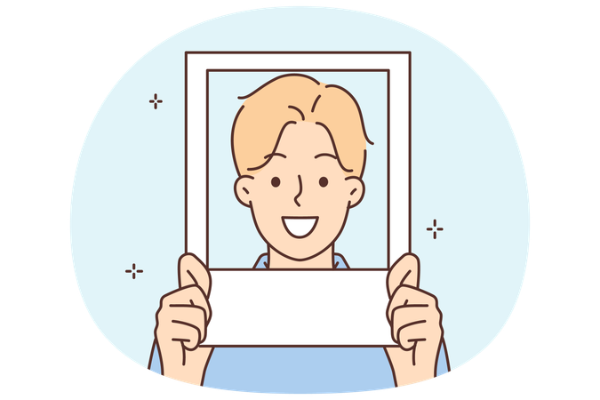 Smiling man holds photo near face and poses for picture on avatar in social network  Illustration