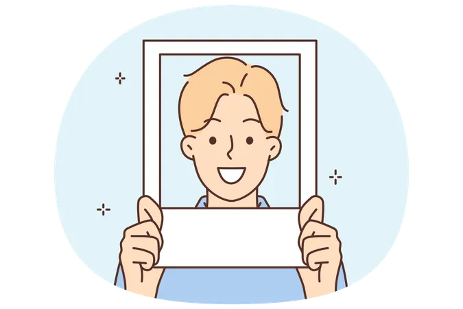 Smiling man holds photo near face and poses for picture on avatar in social network  Illustration