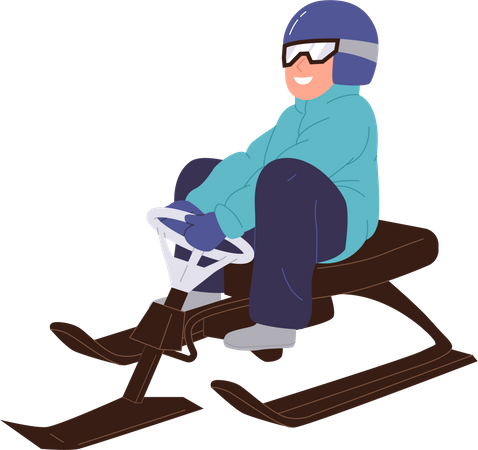 Smiling man in safety wear and helmet riding snow scooter with steering wheel  Illustration