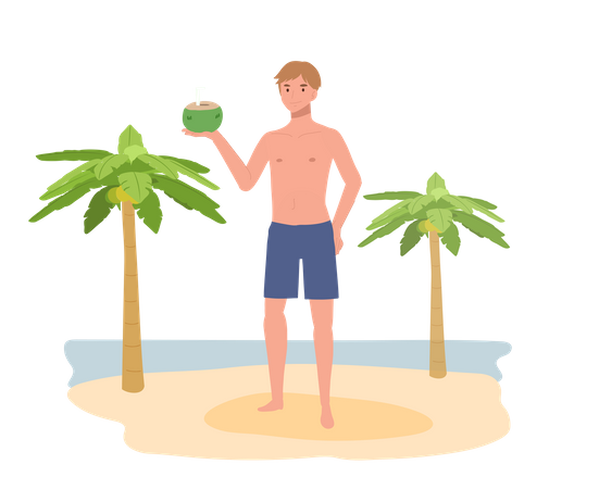 Smiling man in swim suit while holding coconut  Illustration