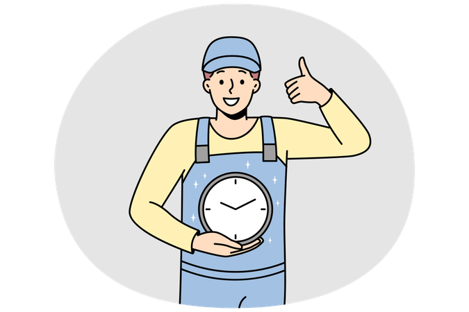 Smiling man in uniform holding clock in hands showing thumb up.  Illustration