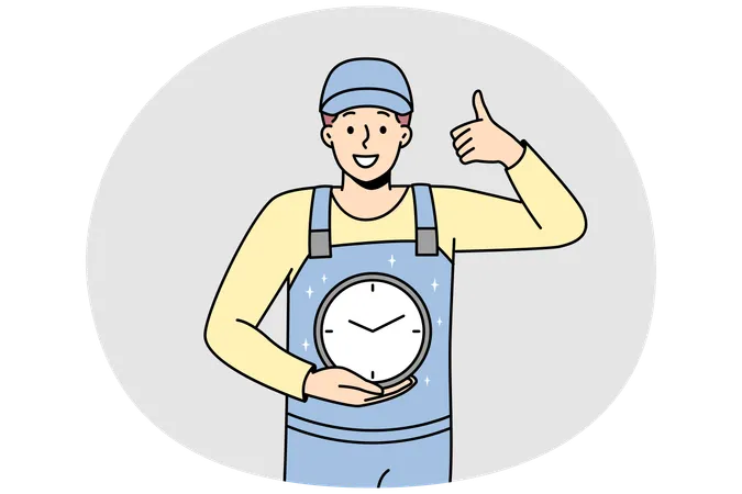 Smiling man in uniform holding clock in hands showing thumb up.  Illustration