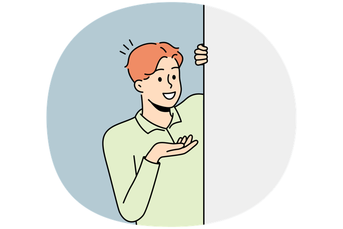 Smiling man look behind mockup poster  Illustration
