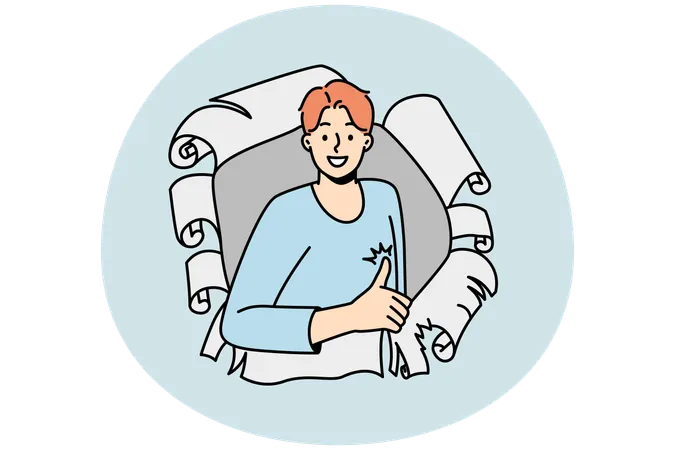 Smiling man look from hole show thumb up  Illustration
