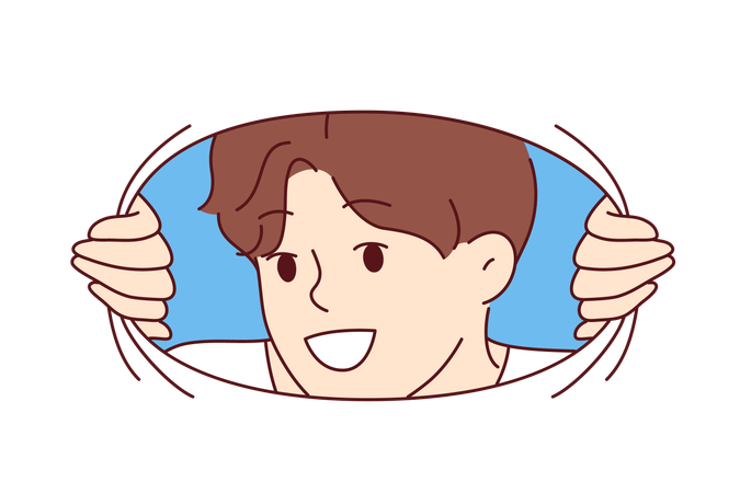 Smiling man looking at screen through hole in material and sharing positivity and good mood with you  Illustration