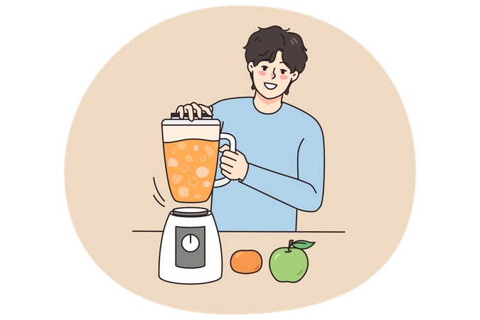 ブレンダーでフルーツジュースを作る笑顔の男性  イラスト