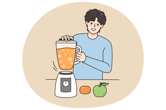 Smiling man making fruit juice in blender  Illustration