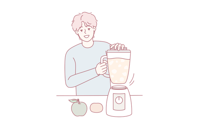 Smiling man making fruit juice in blender  Illustration