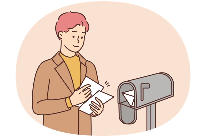 Smiling man put letters in letterbox  Illustration