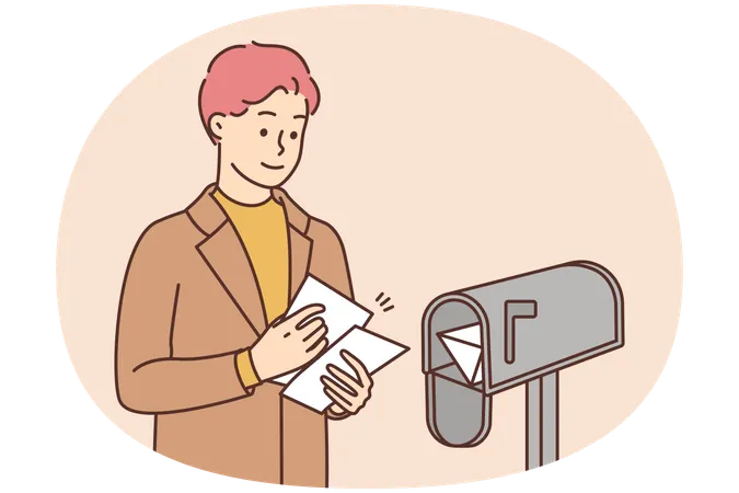 Smiling man put letters in letterbox  Illustration