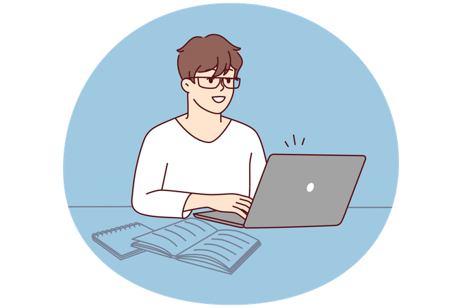 Smiling man sit at desk work on laptop  Illustration
