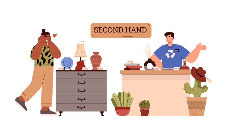 Smiling man standing behind second hand counter  Illustration