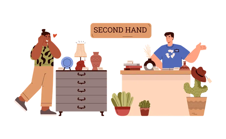 Smiling man standing behind second hand counter  Illustration