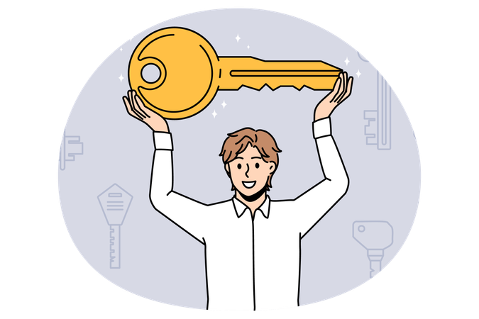 Smiling man standing holding big key in raised hands buying new apartment house  Illustration