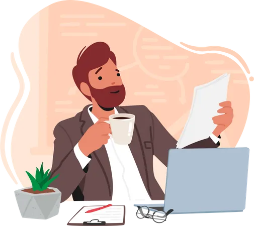 Smiling Man Teacher Character Multitasks With Laptop Coffee Cup And Paper Educator Engrossed In Reading And Grading Tests Concept Of Education School Tutor Lifestyle Cartoon Vector Illustration 일러스트레이션