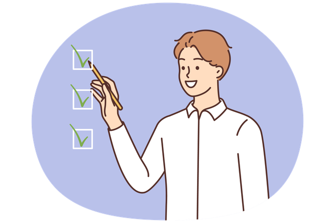 Smiling man tick mark checkboxes accomplish tasks  Illustration
