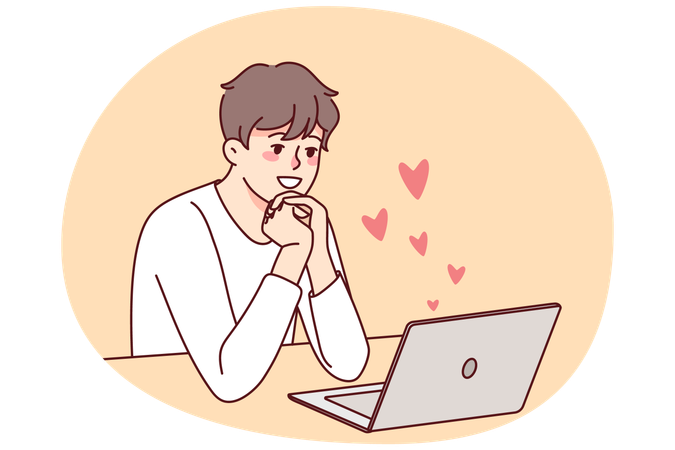 Smiling man use computer looking for love  Illustration