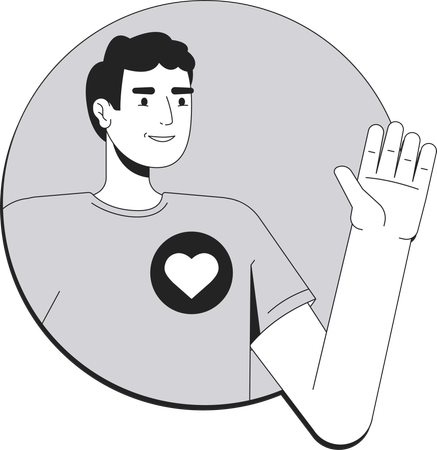 Smiling man waving with heart symbol on t-shirt  Illustration