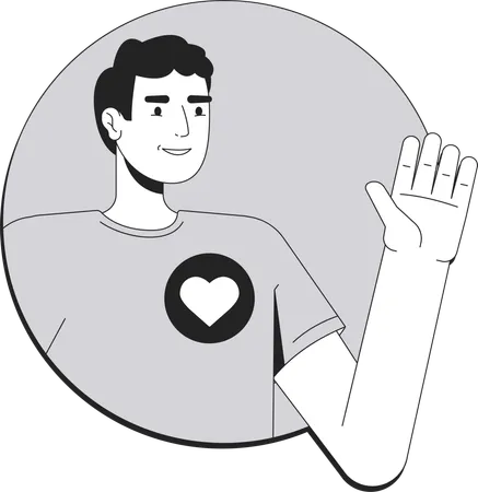 Smiling man waving with heart symbol on t-shirt  Illustration