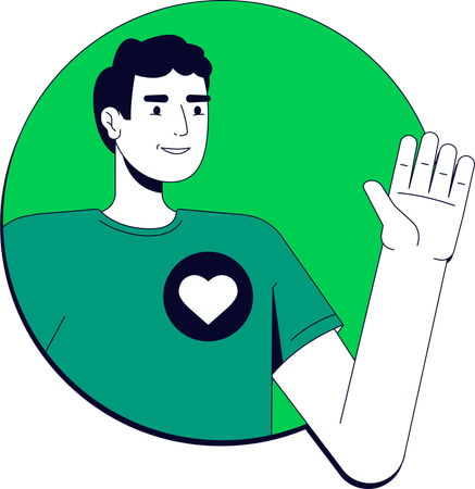 Smiling man waving with heart symbol on t-shirt  Illustration