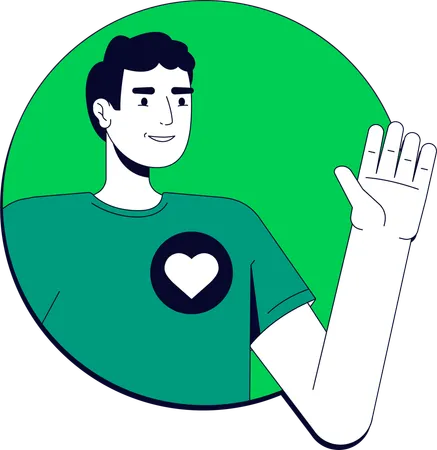 Smiling man waving with heart symbol on t-shirt  Illustration
