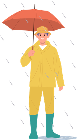 Smiling man wearing rain suit holding umbrella standing under downpour  Illustration