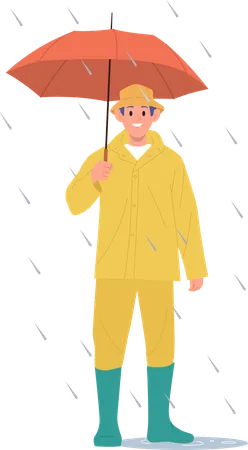 Smiling man wearing rain suit holding umbrella standing under downpour  Illustration