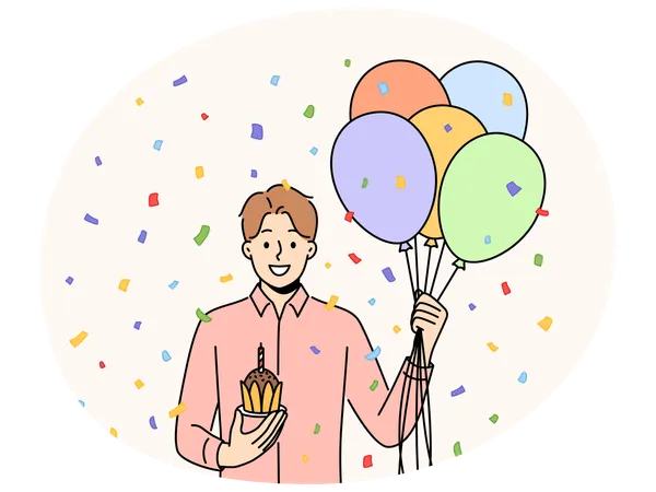 Smiling man with balloons and cupcake greeting with birthday  Illustration