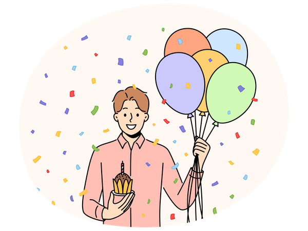 Smiling man with balloons and cupcake greeting with birthday  Illustration