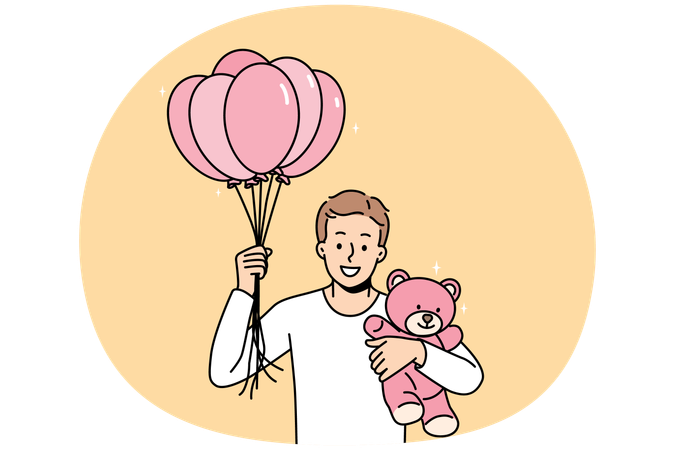 Smiling man with balloons and toy in hands  Illustration