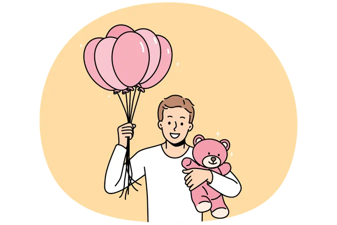 Smiling man with balloons and toy in hands  Illustration