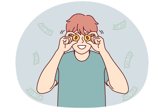Smiling man with bitcoins excited with income  Illustration