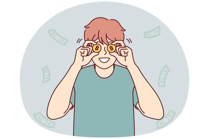 Smiling man with bitcoins excited with income  Illustration