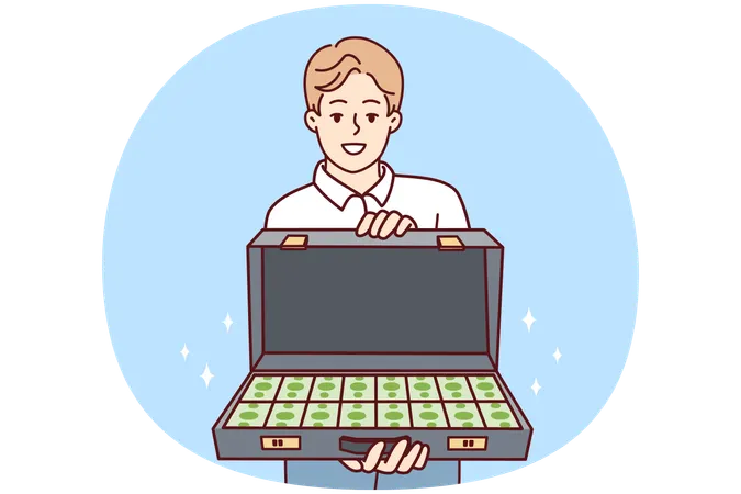 Smiling man with briefcase full of money  Illustration