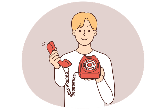 Smiling man with corded phone offer to make call  Illustration