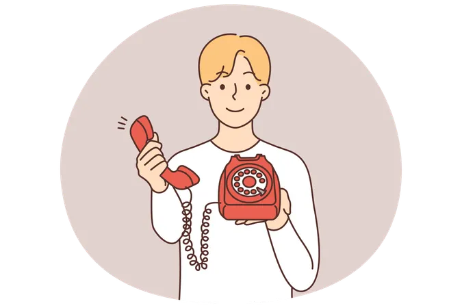 Smiling man with corded phone offer to make call  Illustration