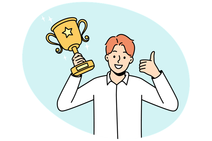 Smiling man with golden prize in hands  Illustration