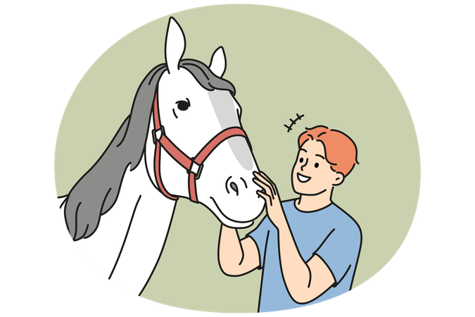 Smiling man with horse at farm  Illustration