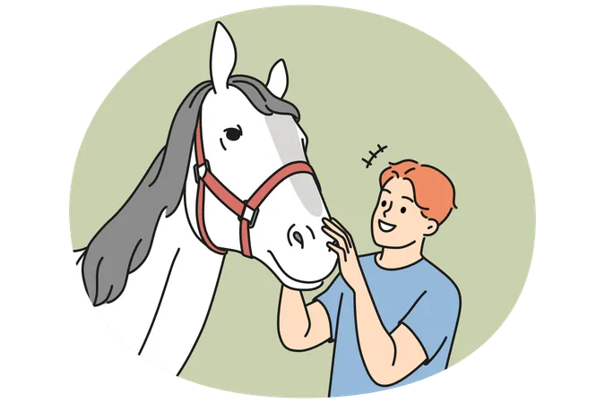 Smiling man with horse at farm  Illustration