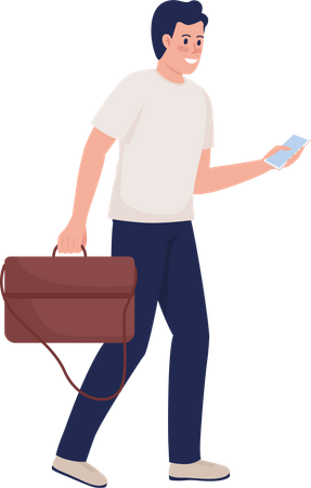 Smiling man with leather handbag and smartphone  Illustration